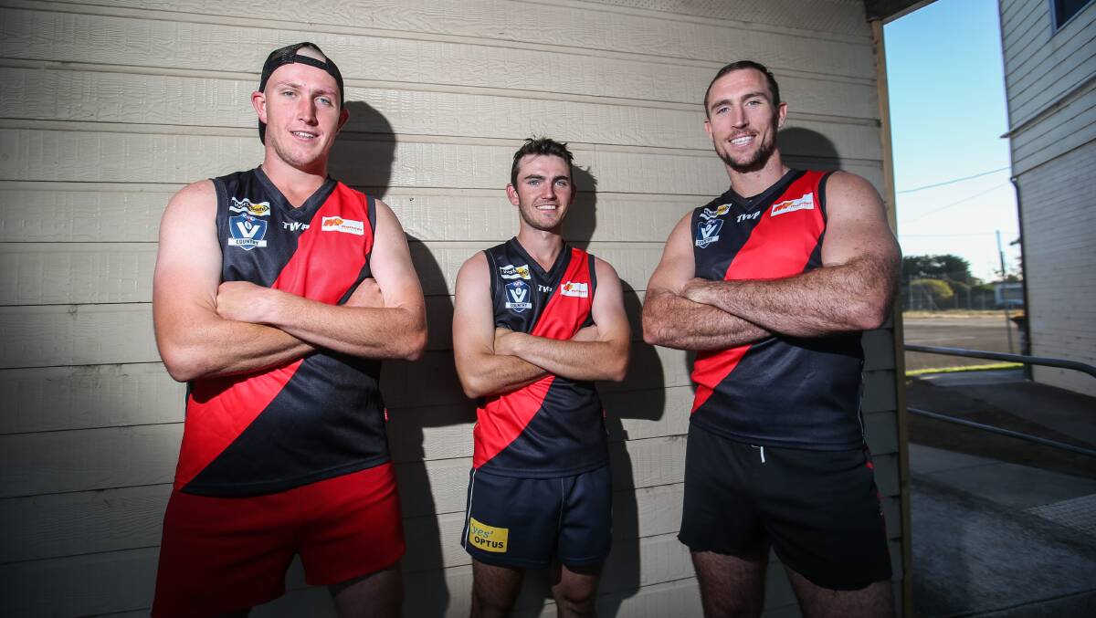 FAMILY TIES: Cobden footballers Lincoln, Dom and Levi Dare (coach) are looking forward to a big season for the Bombers, who are striving to break back into finals. Picture: Amy Paton