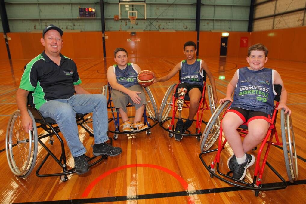 ROLLING ALONG: Jeff Hintum, Patrick Giblin, 13, Jaylen Brown, 12, and Bill Sheedy, 9, are excited for Warrnambool to begin its wheelchair basketball program. Picture: Morgan Hancock