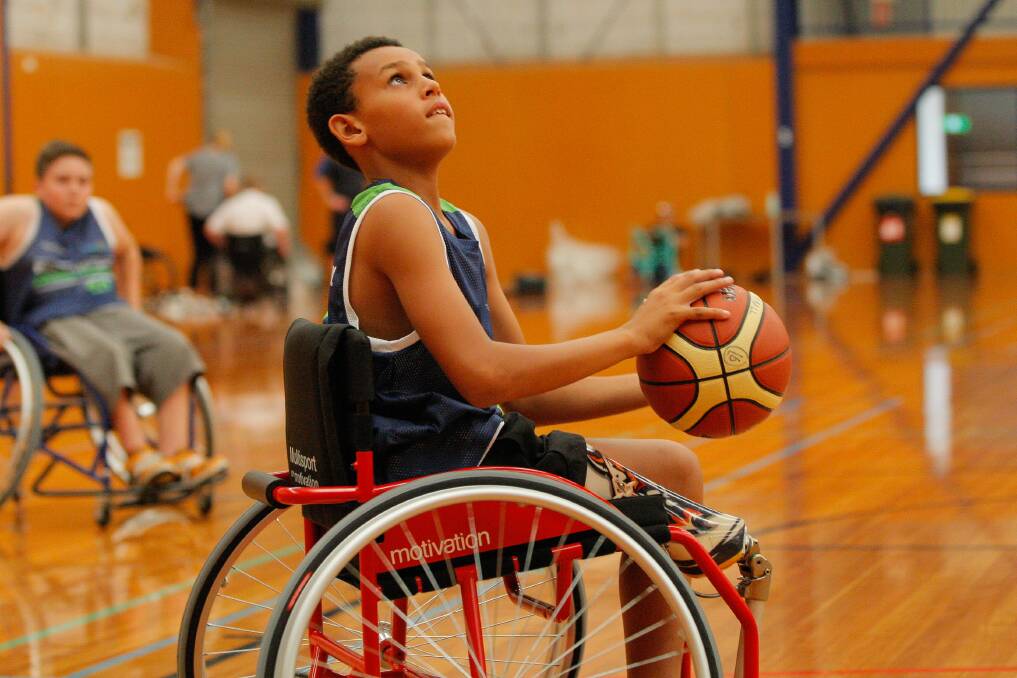 GOING FOR BUCKETS: Jaylen Brown, 12, will play basketball in a modified wheelchair as part of a new Warrnambool program. Picture: Morgan Hancock