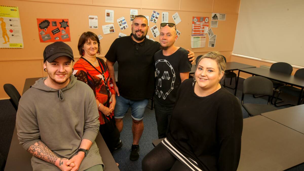 Reconnect: Aaron Smith, Debra Dumesny, teacher Frank Attanasio, support worker Jed Wilkins, and Tayla Johnson. Picture: Rob Gunstone
