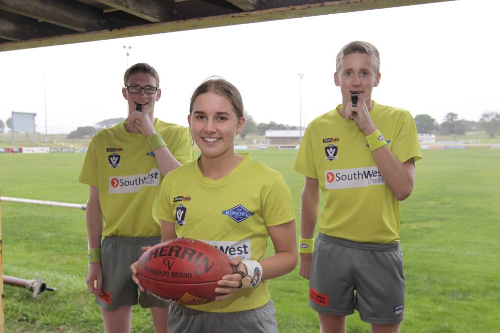 ENDURANCE SPECIALISTS: Warrnambool and District Football Umpires Association's Brandon-Lee Gibbins, Hayley Walker and James Rea will run the boundary at the AFL Victoria Country under 16 titles.