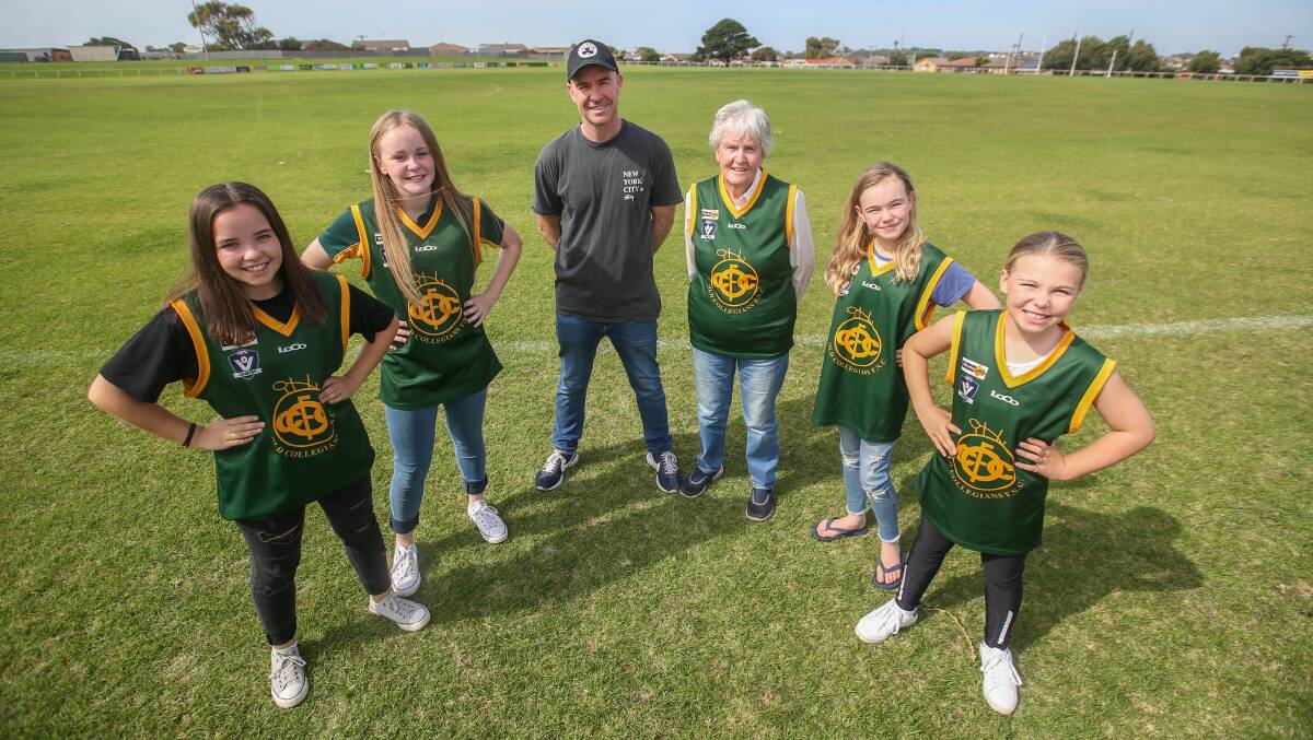 WARRIOR WOMEN: Rodney Ryan will lead Old Collegians' youth girls team. He is pictured with players Brianna Brown, 14, Maggie Johnson, 14, his mother Stella and daughters Maya, 11, and Stella, 9. Picture: Amy Paton