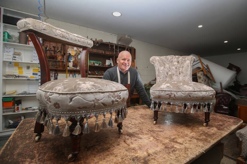 STUNNING: Peter Hulin has spent the past few years restoring two chairs from the Sherwood Park homestead, where Deakin University now is. He has sourced materials from all over the world. Picture: Amy Paton