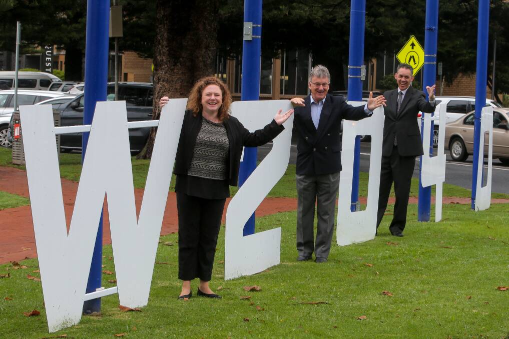LET'S TALK ABOUT THE FUTURE: Warrnambool City Council mayor Kylie Gaston with Cr Rob Anderson and Cr Michael Neoh in front of the W2040 sign on the city's Civic Green. Picture: Rob Gunstone   