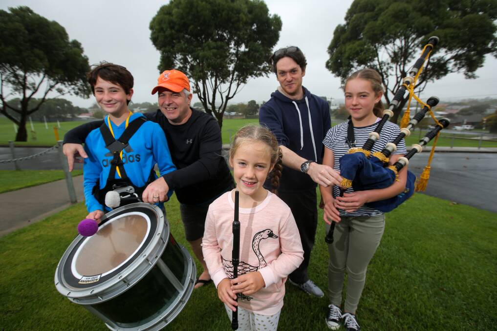 FUN: Aria Bellotti, 11, from Rosebud, drum tutor Reid Maxwell, from Canada, Eden Johns, 5, from Ballarat, pipes tutor and maker Xavier Boderiou, from France, and Carla Van Zyl, 11, from Warrnambool. Picture: Rob Gunstone