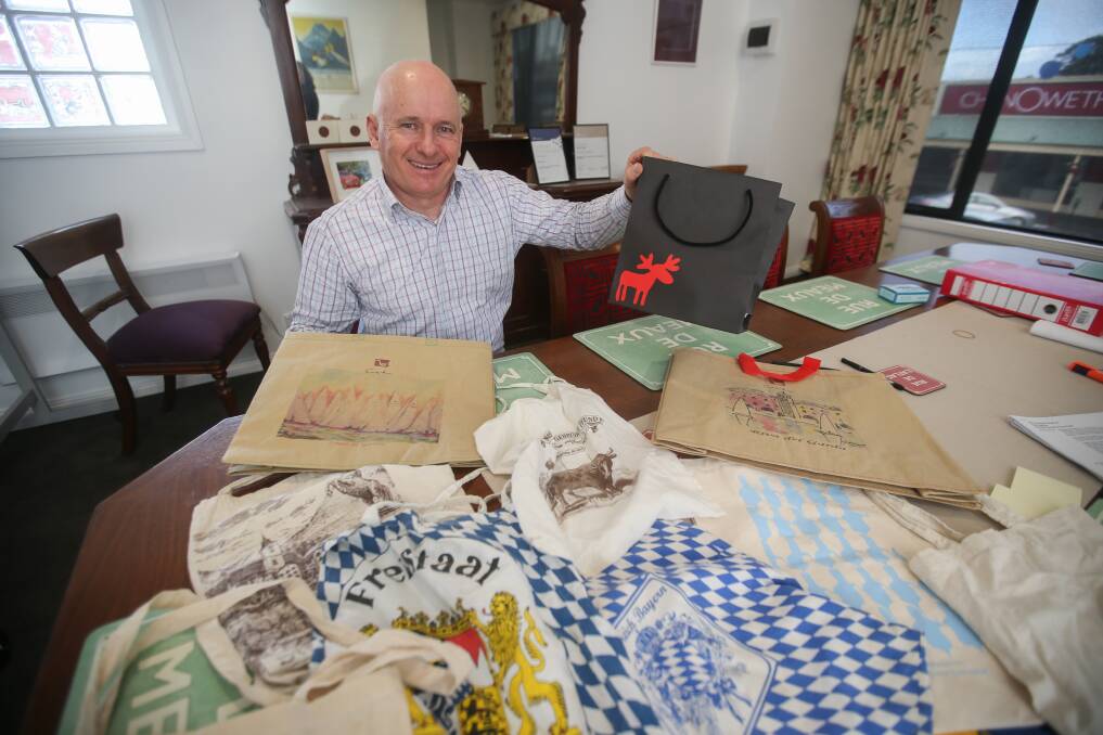 WCC councillor Peter Hulin pictured with his collection of reusable bags from around the world. Picture: Amy Paton
