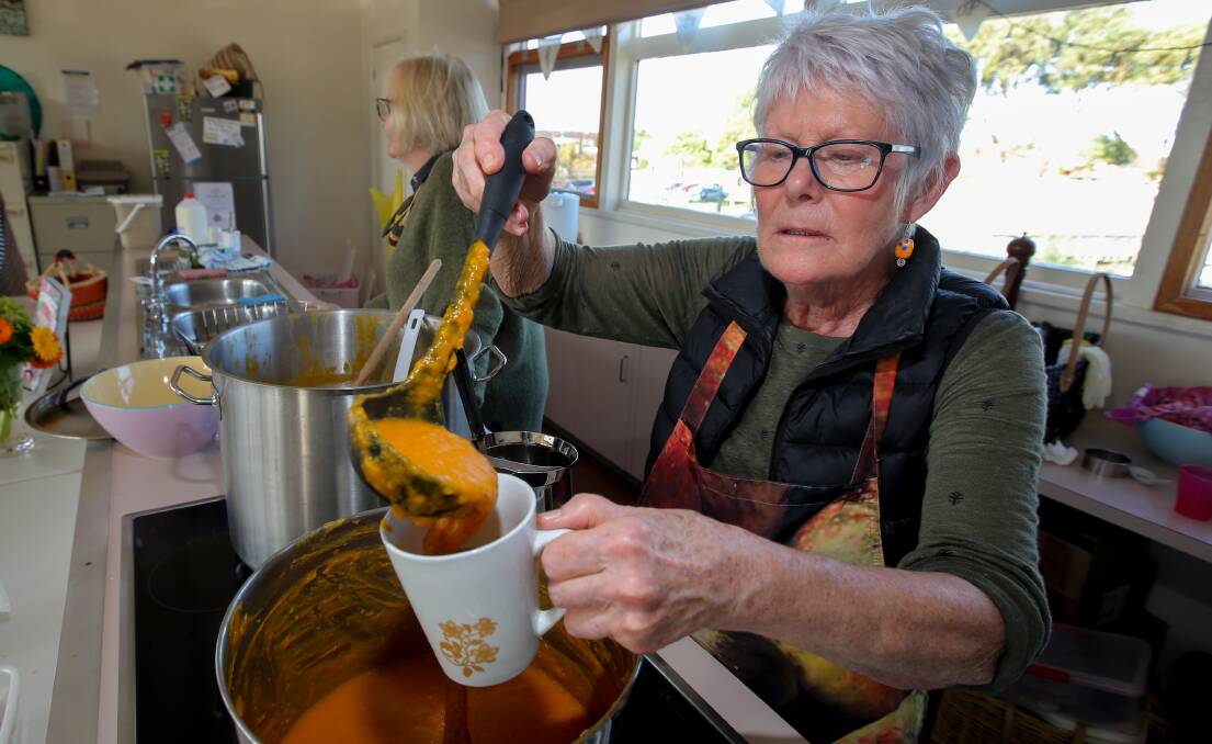 NICE DROP: Warrnambool Community Garden volunteer Diane Pettigrew pours out a cup of pumpkin soup during the pumpkin festival. Picture: Rob Gunstone