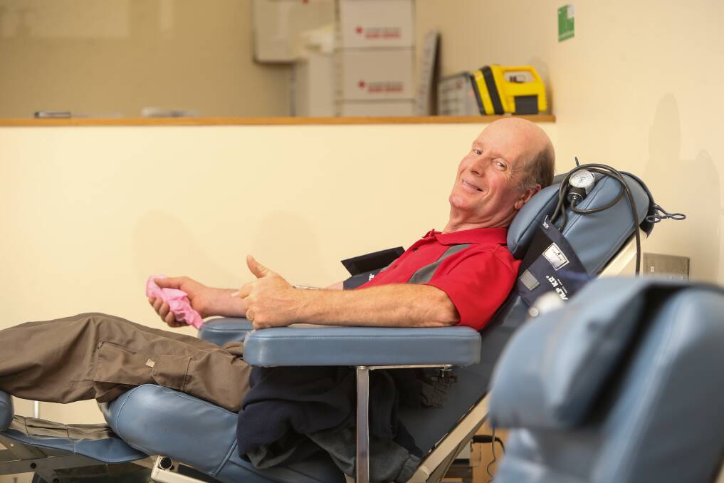 Roll up your sleeves: Warrnambool's Lynton Vesty, giving his 34th blood donation on Monday, wants more O-positive and O-negative blood donors to come fill the empty seats beside him over winter. Picture: Amy Paton