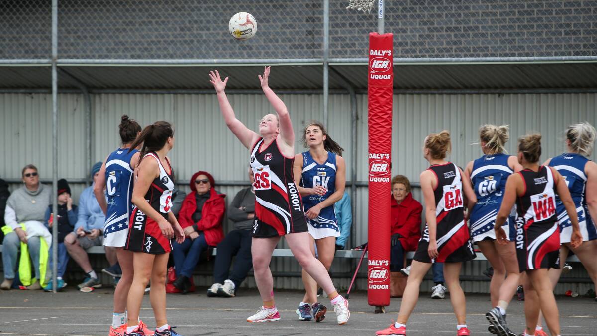 REACHING OUT: Koroit goal shooter Nell Mitchell stretches to receive the ball in attack. Picture: Amy Paton