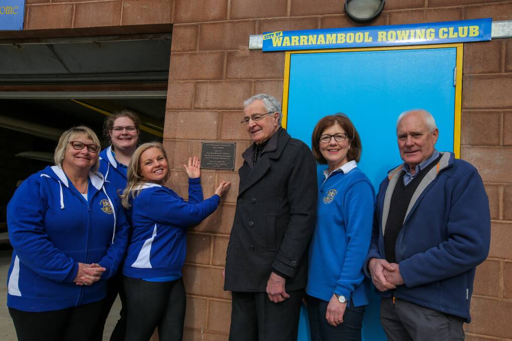 PLAQUE THE OCCASION: City of Warrnambool Rowing Club committee members Kath McMeel, Annie Blanch, president Jo Bone, foundations director and former rower James Tait, and club members Susan Finnigan and Clive Wooster, with the new plaque celebrating the new floor. Picture: Rob Gunstone