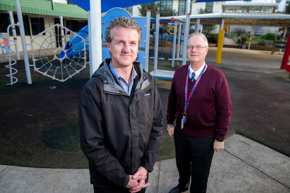 Warrnambool Special Developmental School council president Jay Everall and principal Robert Dowell extended an invitation to Premier Daniel Andrews to visit the school while he is in the region this week. Picture: Rob Gunstone