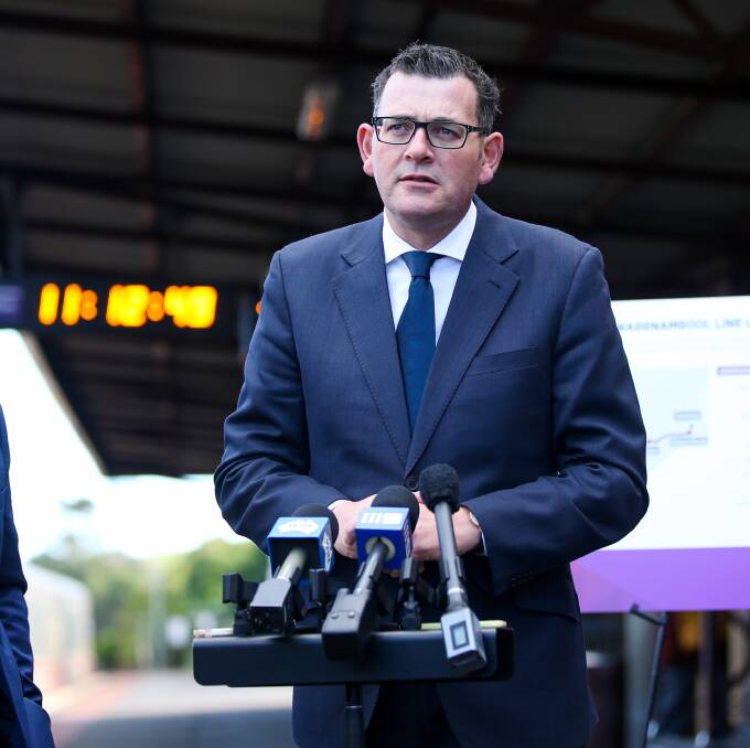 Premier Daniel Andrews speaking during a press conference at the Warrnambool train station. Picture: Morgan Hancock