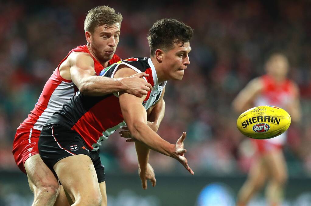 BIG STAGE: St Kilda draftee Rowan Marshall leads Sydney veteran Kieran Jack to the ball at the SCG. Picture: Getty Images