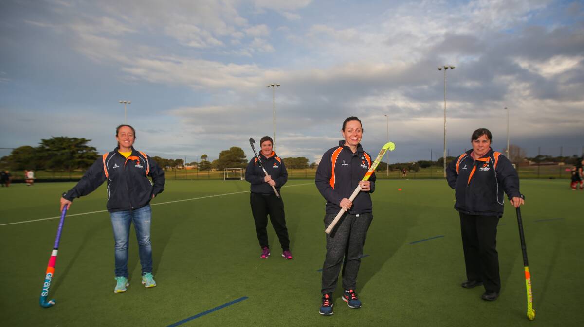 Here we come: Warrnambool hockey players Kyme Rowe, Rosie Ballard, Therese Burke and Anna Dyson will compete in the Australian masters championships later this year. Picture: Morgan Hancock