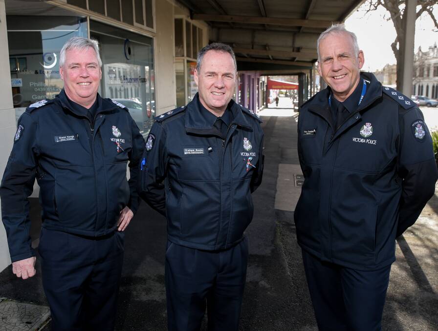 On the beat: Senior Sergeant Shane Keogh, Acting Superintendent Graham Banks and Inspector Gary Coombes are encouraging people to head along to upcoming community forums. Picture: Rob Gunstone