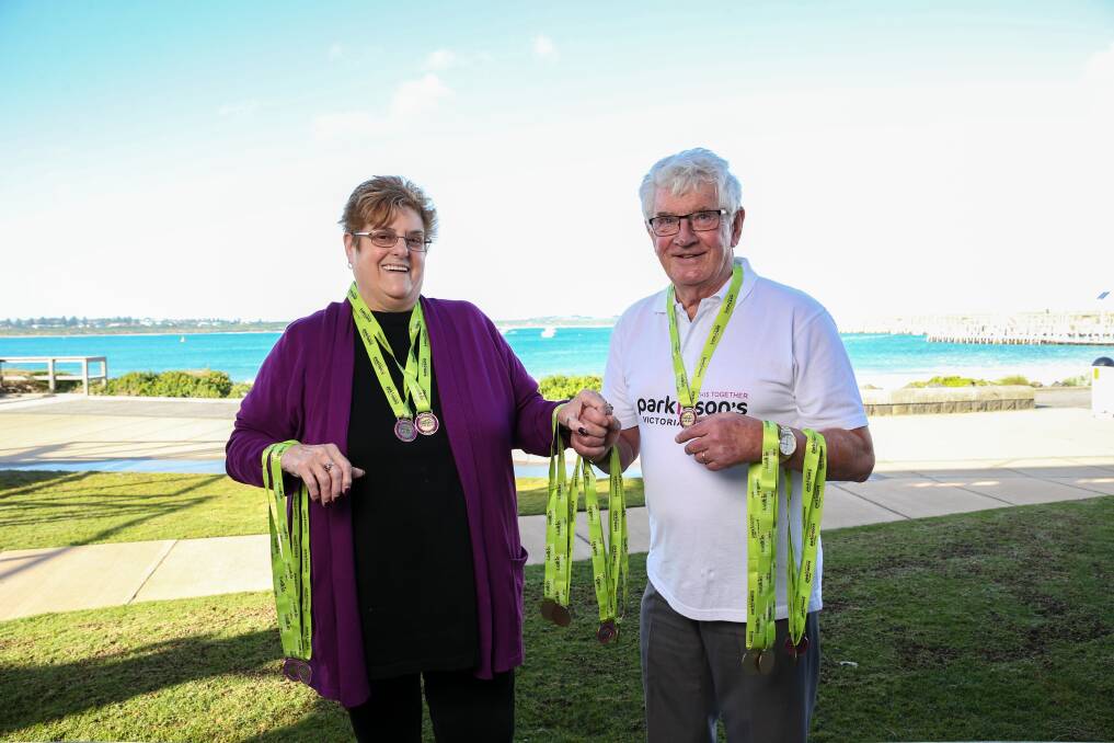 Purple: Laurice Young and Andrew Suggett are encouraging people to wear a touch of purple and walk for Parkinson's on Sunday August 27. Picture: Christine Ansorge