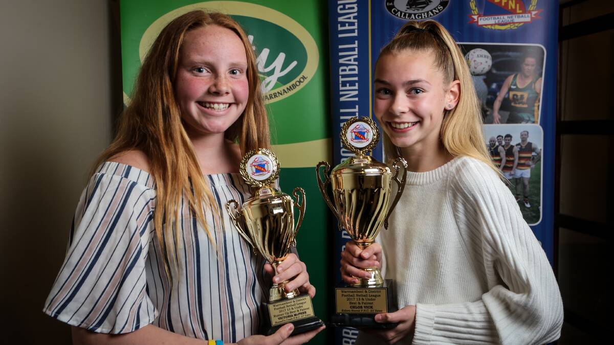 EXCITING SEASON: 13 & under netball runner up Vicky McPhee and winner, Kolora-Noorat's Chloe Vick. Pictures: Christine Ansorge