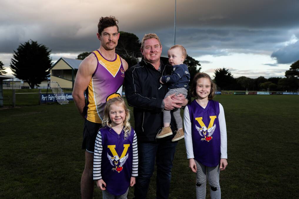 FAMILY CLUB: Port Fairy player Dan Nicholson will take over the coaching reins from Brett Evans for season 2018, so Evans can spend more time with his children Sibella, 5, George, 1, and Lila, 8. Picture: Rob Gunstone