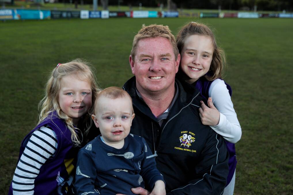 FAMILY TIME: Brett Evans is stepping down from the Port Fairy senior coaching role for season 2018, so he can spend more time with his children Sibella, 5, George, 1, and Lila, 8. Picture: Rob Gunstone