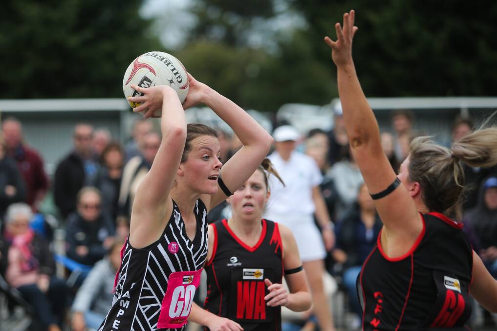 HITTING HER STRAPS: Camperdown goal defence Brooke Richardson, pictured in the Magpies' semi-final win over Cobden. Picture: Morgan Hancock