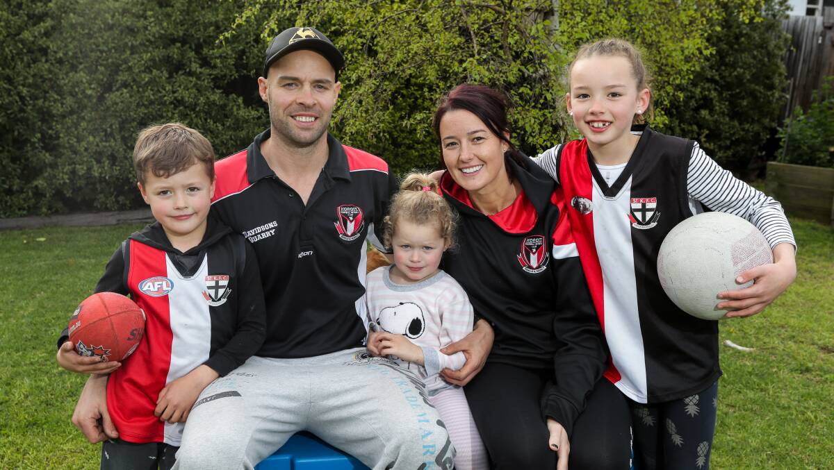 HAPPY FAMILY: Damian and Jess O'Connor will play in grand finals for Koroit on Saturday, cheered on by their kids (left to right) Billy, 5, Remi, 3, and Indi, 7. Picture: Rob Gunstone