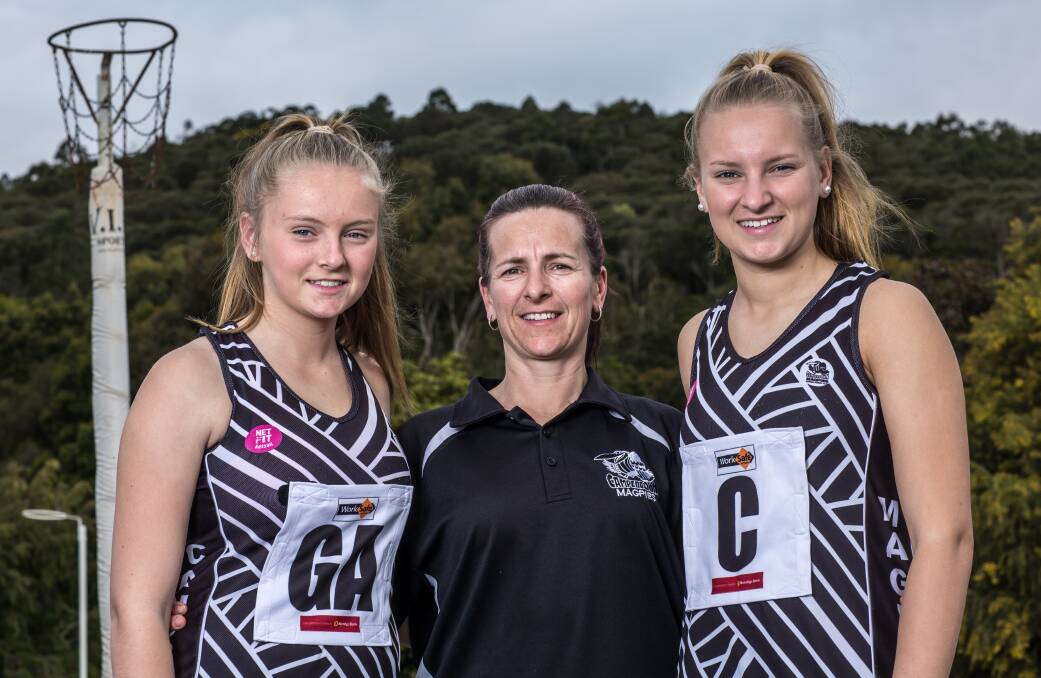 FLOCK OF MAGPIES: Camperdown netballers Krystal, Tracey and Chelsea Baker. Picture: Christine Ansorge
