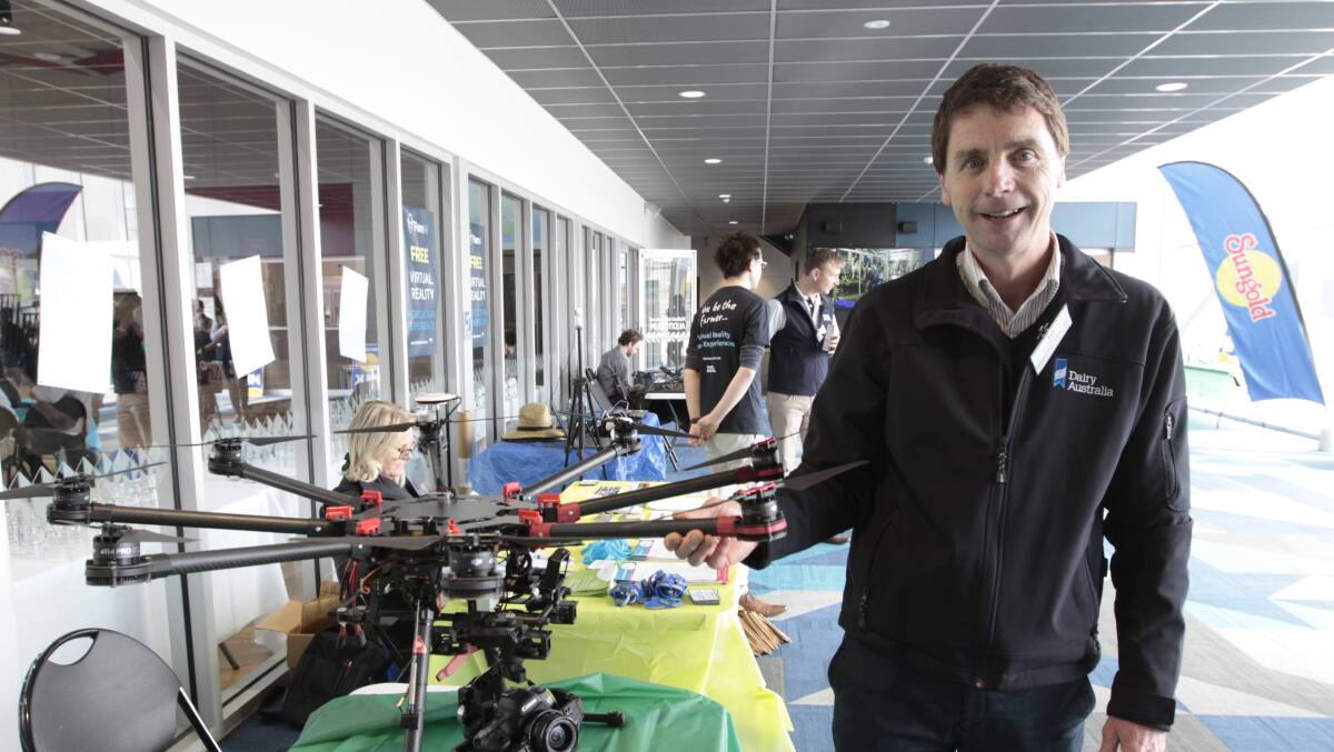 Leader: Dairy Australia managing director Ian Halliday with a drone at WestVic Dairy's Innovation Day in Warrnambool.