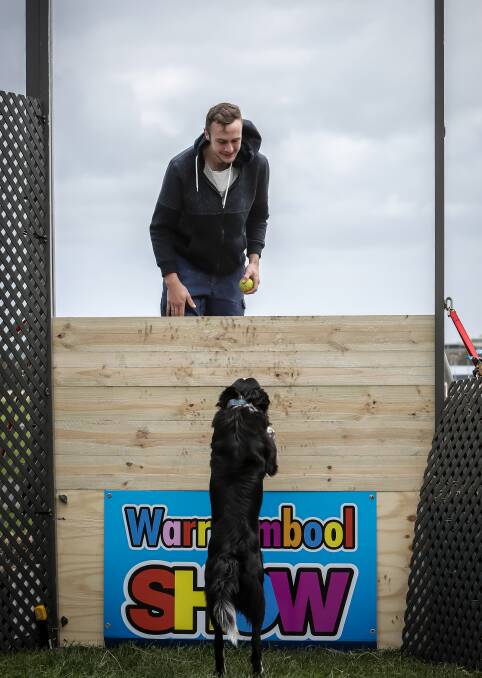 Up and over: Jed Cooper urges Maverick over the dog jump in a practice for the Warrnambool show championships. Picture: Christine Ansorge