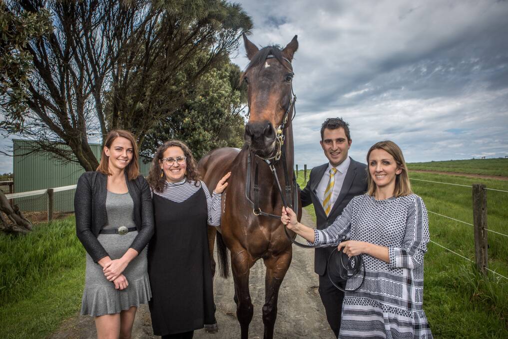 RACE READY: Aime Sandri, Alice Bongers, Steve Aberline and Angie Paspaliaris are encouraging young professionals to join them at the Young Professionals Warrnambool Dunkeld races marquee on Saturday. Picture: Christine Ansorge