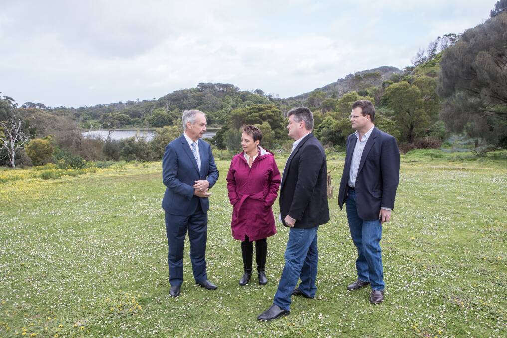 VOLCANO BOOM: Western Victoria MP James Purcell, regional development minister Jaala Pulford, Parks Victoria chief executive Matthew Jackson, and Regional Development Victoria chief executive James Flintoft.