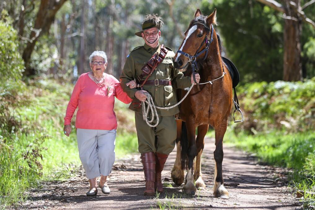 Special moment: Aunty Laura Bell with her nephew Sergeant Ricky Morris during Monday's family commemoration of the Battle of Beersheba near Heywood. Aunty Laura's father fought in the battle. Pictures: Morgan Hancock