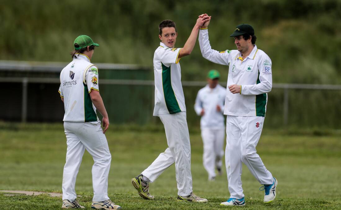 ON THE MARK: Bookaar bowler Nick Jones celebrates a wicket with fielder Shaun Moloney during Saturday's win over Camperdown at the Camperdown Showgrounds. Picture: Rob Gunstone