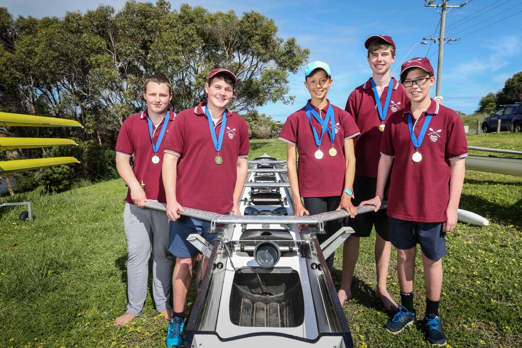 READY TO ROW: Nestles Rowing Club members Jack O'Toole, Josh Pridmore, Rebecca Zerbe, Austin Edwards and Neil Phipps will be competing at the two-day regatta this weekend in Hamilton. Picture: Christine Ansorge