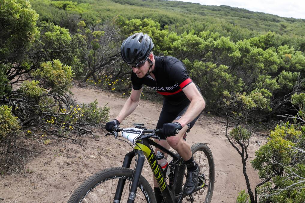 UPHILL CLIMB: Harrison Ernst pushes hard in the closing stages of the TP180, as he completes his 10th lap in his third consecutive win at the event. Picture: Rob Gunstone