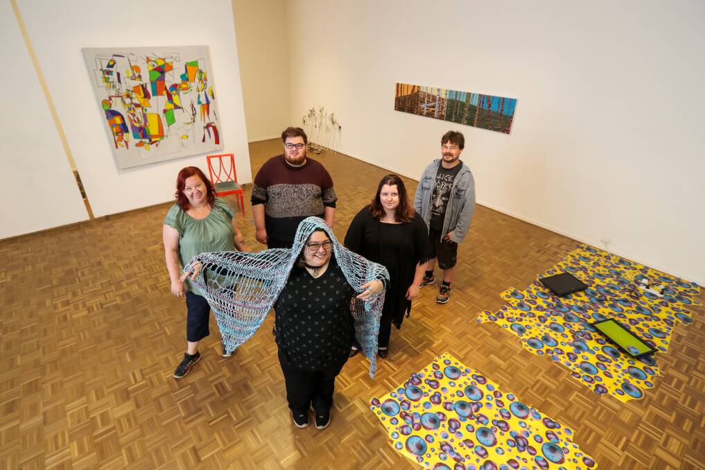 Top of the class: South West TAFE Diploma of Visual Arts students l-r Eve Hutchesson, Connor Ovendon, Blair Tomlin, Jenna Gore and Adam Merrett are showcasing their talents in an exhibition at WAG until November 26. Picture: Rob Gunstone