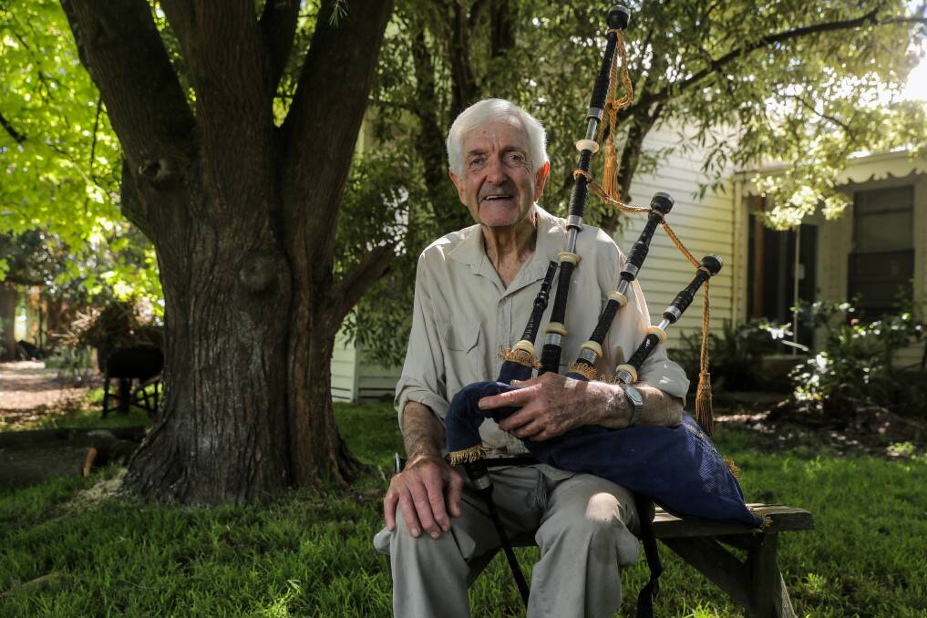 Bagpipe major and tutor Donald Blair has spent decades training young Warrnambool players. Picture: Rob Gunstone