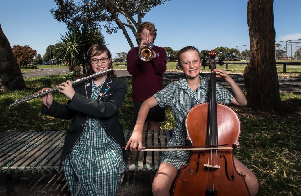 IN TUNE: Alyse Schintler, Judah Greene and Sarah Gubbins are taking part in the South West Youth Music Festival at Brauer College this week. Picture: Christine Ansorge