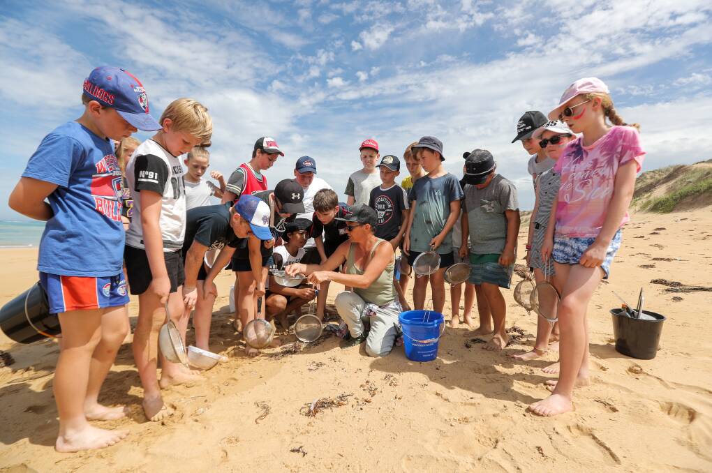 Watch closely: Colleen Hughson (centre) demonstrates how to collect plastic nurdles to a group of grade 6 students from Terang College at Warrnambool's Shelly Beach. Picture: Rob Gunstone