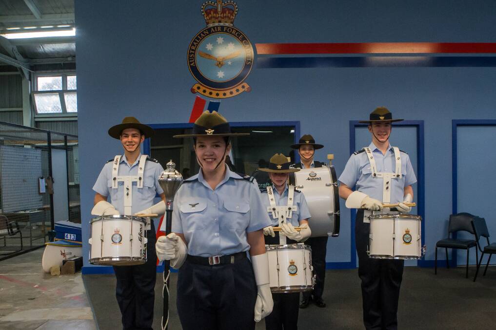 Australian Air Force Cadet 413 Squadron drum corp members Jeremy Sagnol, Imogen Marsland, Ceinwyn Smith, Lindsey McDonald and Garrin Williamson