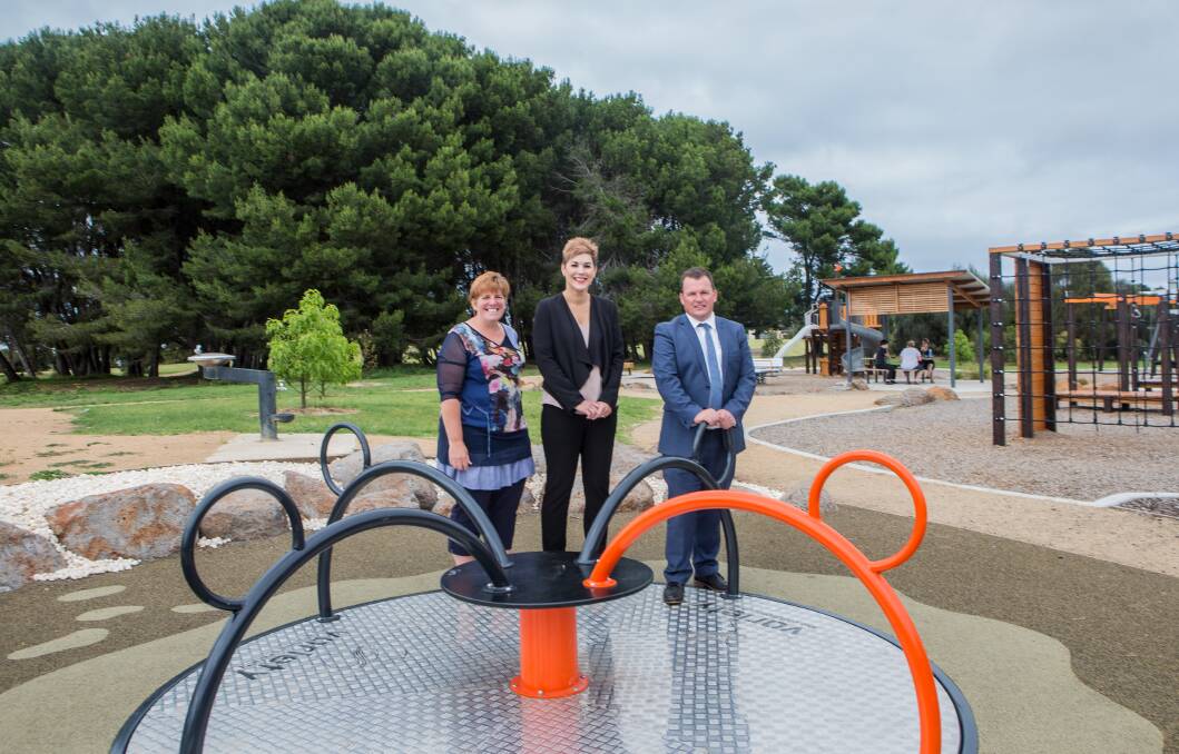 NEW: Angela Gowans, Cr Sue Cassidy and Wayne Robertson at the launch of the all-abilities play equipment at Albert Park. Picture: Christine Ansorge
