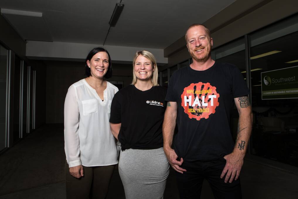 STANDARD, NEWS, HOPE ASSIST FOR LOCAL TRADIES 171213 Pictured - South West Primary Care Partnership's Abbi Cameron, Hope Assist for Local Tradies' Jeremy Forbes and Lifeline's Bess Slater. Picture: Christine Ansorge
