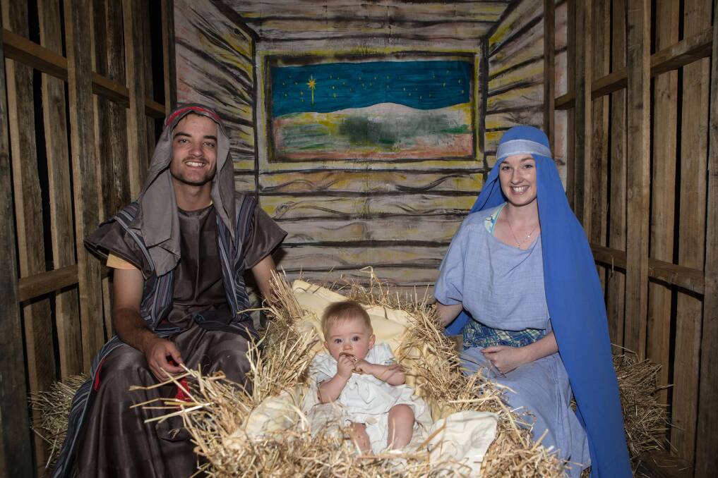 Christmas nativity: Warrnambool's Jerome Speed, baby Hunter Arms and Kirrie Arms playing the roles of Joseph, Mary and baby Jesus for the Extreme Life nativity scene. Picture: Christine Ansorge