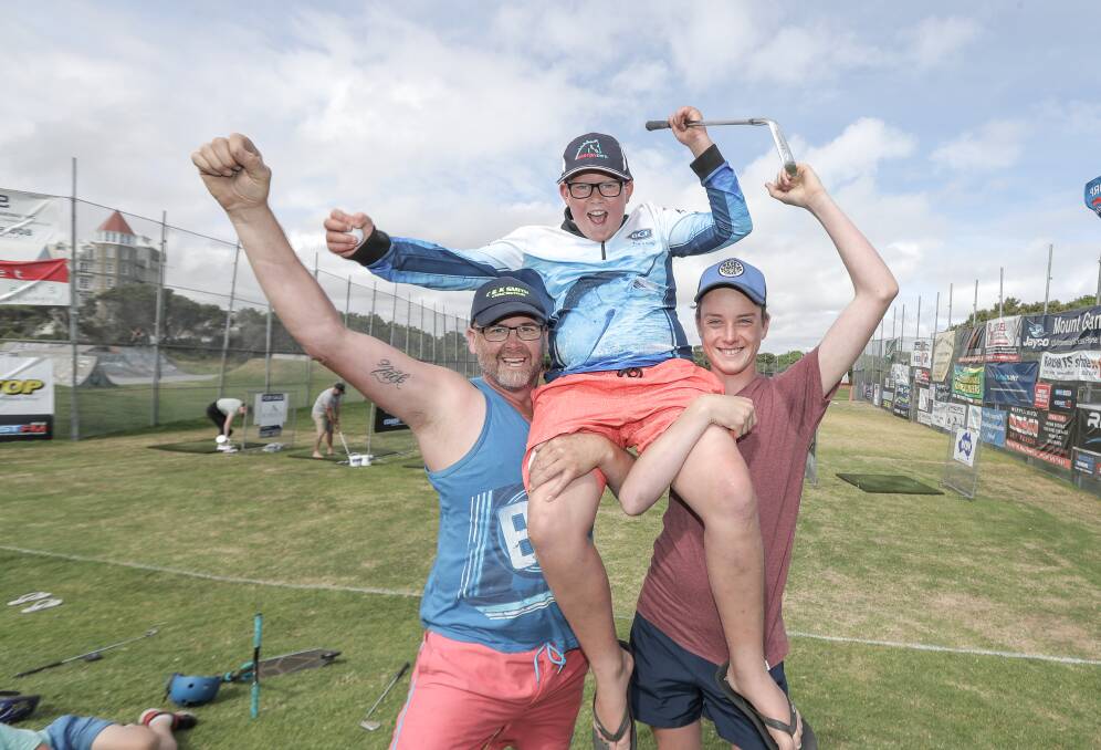 LUCKY DAY: Port Campbell's Chris 'Baz' Smith, (left), Brodi Parsons, 11, and Kyle Delaney, 14, have all scored holes in one in the last two days. Picture: Rob Gunstone