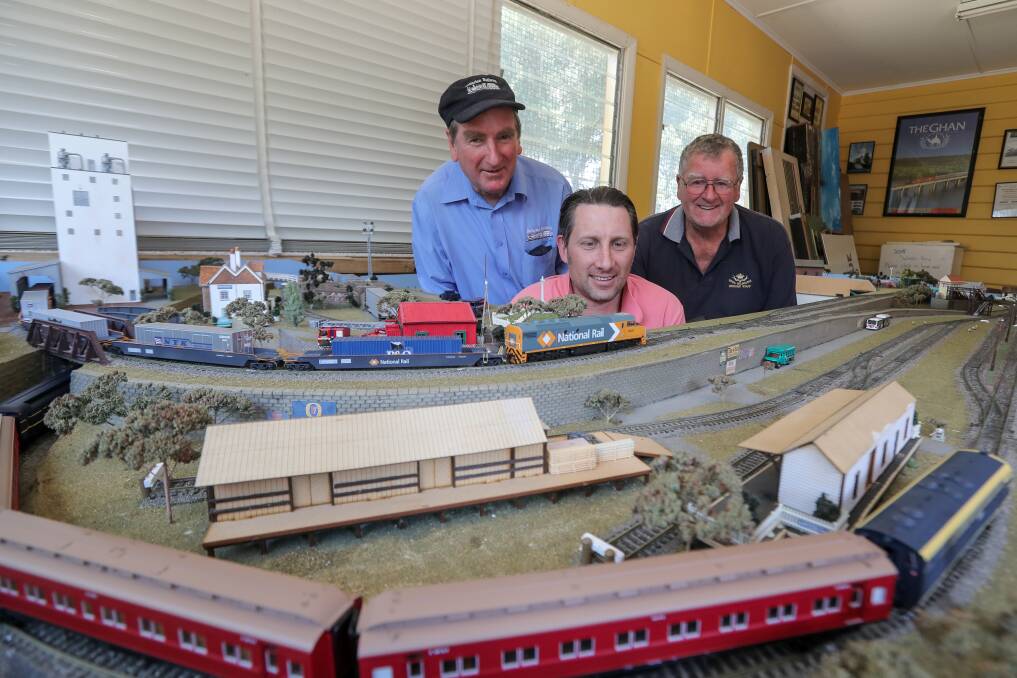 Warrnambool Model Train Club members Lindsay Bamford, Troy King and Max Sharrock are keeping a close eye on their layouts as the club gets ready to host its annual exhibition on Saturday and Sunday. Picture: Rob Gunstone
