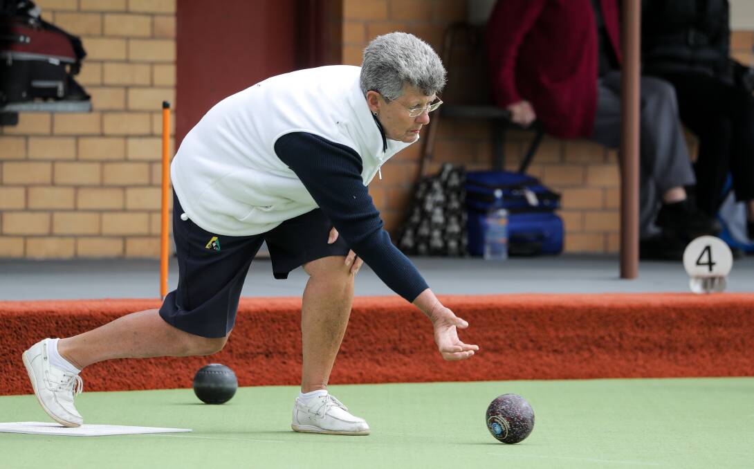 FOCUSED: Port Fairy's Jill Oswin is nicely balanced as she releases her bowl against Koroit Blue on Saturday. Picture: Rob Gunstone