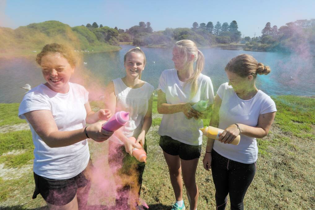Moyne Shire youth councillors Tess Dempsey, 15, Morgan Barby, 16, Cassidy Waller, 15, and Kiara Esh, 15, are getting ready for the 2018 Port Fairy Colour Run. Picture: Rob Gunstone
