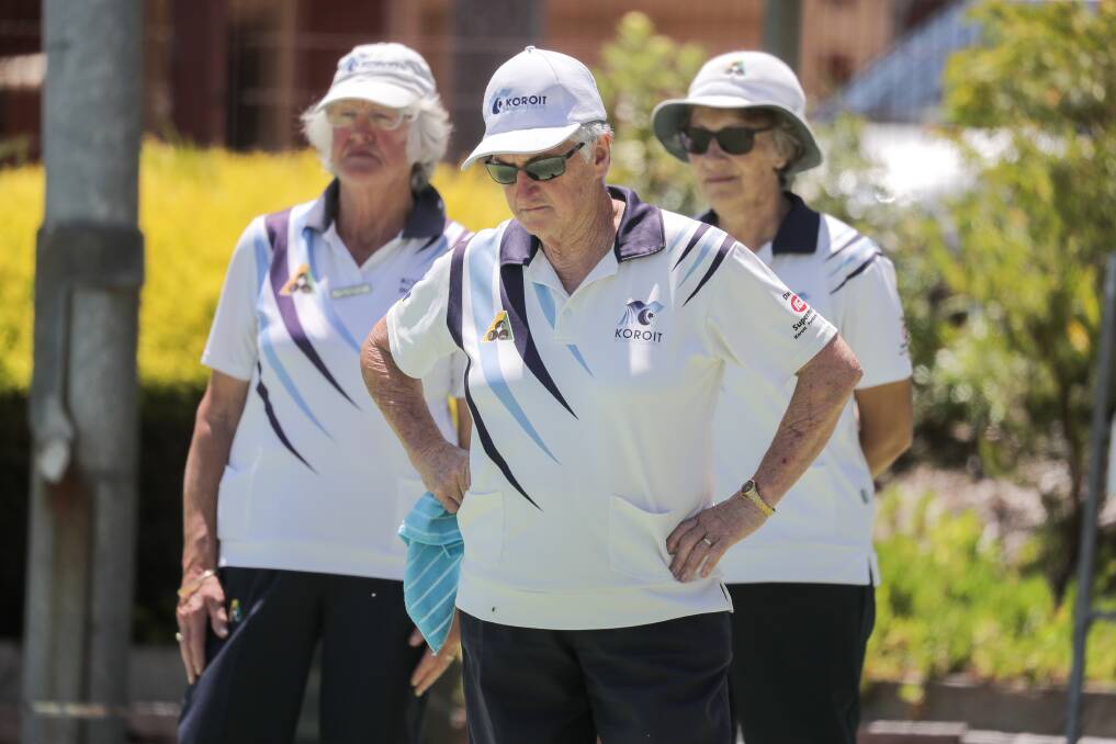 TOP FORM: Koroit bowlers Jan Morgan, Faye Bolden and Jenny Becker keep a close eye on the head in their victory over Warrnambool Gold on Tuesday. Picture: Rob Gunstone