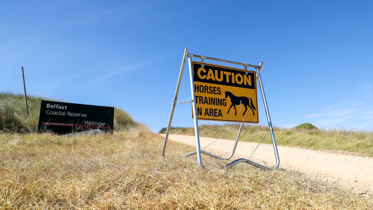 Horse training warning sign on the entry road to Belfast Coastal Reserve, Golfies carpark. Picture: Rob Gunstone