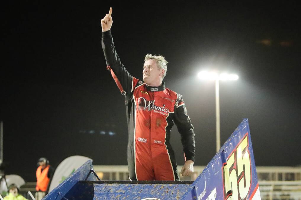 Brooke Tatnell celebrates his A-Main win on the opening night of the sprint car classic. Picture: Morgan Hancock