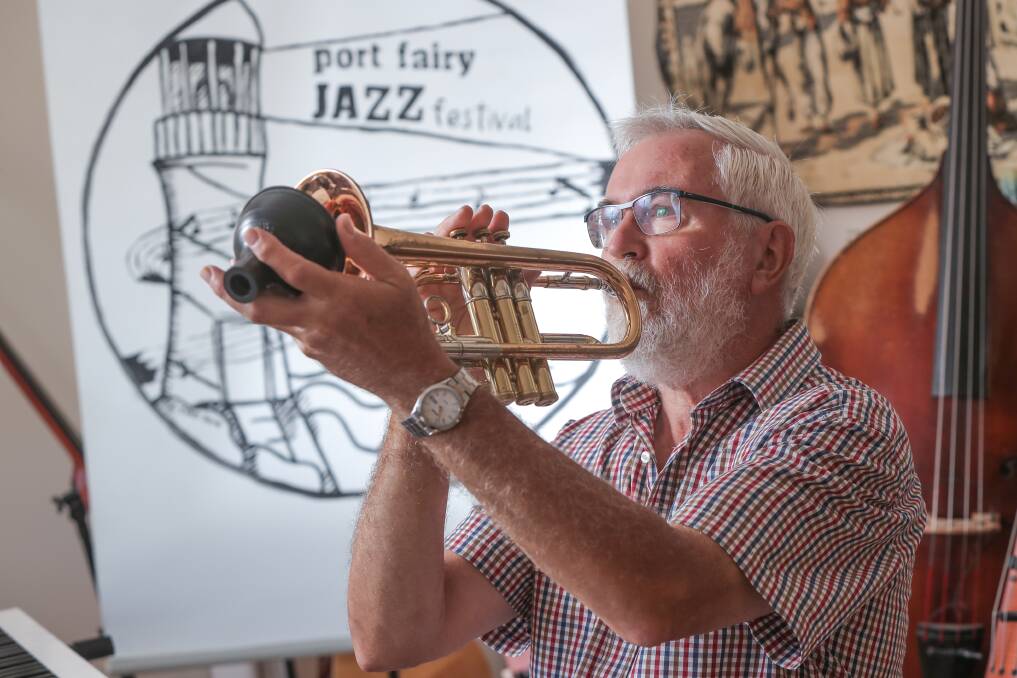 TRUMPETING EVENT: Port Fairy Jazz Festival committee member Bernie Oppermann is tuning up ahead of the weekend. Over 350 performers will be in town for the festival. Picture: Rob Gunstone
